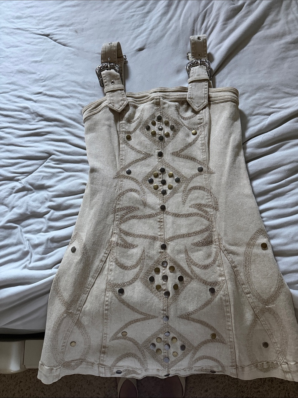 Beige Studded Embroidered Mini Dress with Buckle Straps